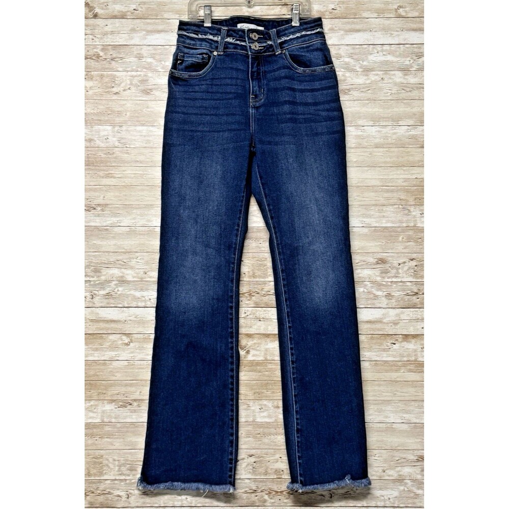 KanCan High Rise Curvy Double Button Bootcut Jean 27 Dark Wash Raw Hem Boho